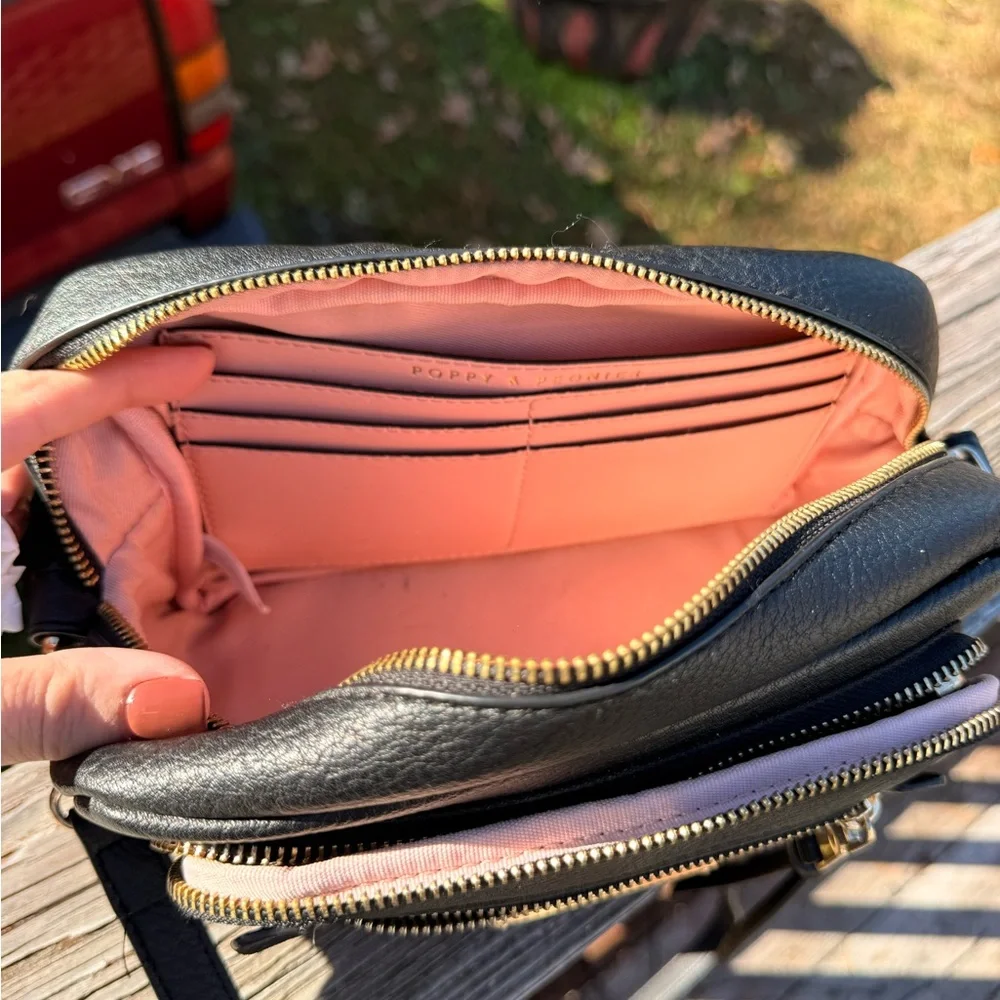 Poppy & Peonies Black Crossbody Bag with Gold Zippers - Picture 2 of 2